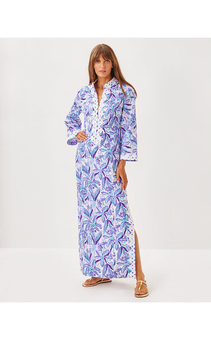 SHEALYN 3/4 SLEEVE STRETCH COTTON MAXI CAFTAN, TROPICALIA PURPLE ELEPHANT IN THE BLOOM