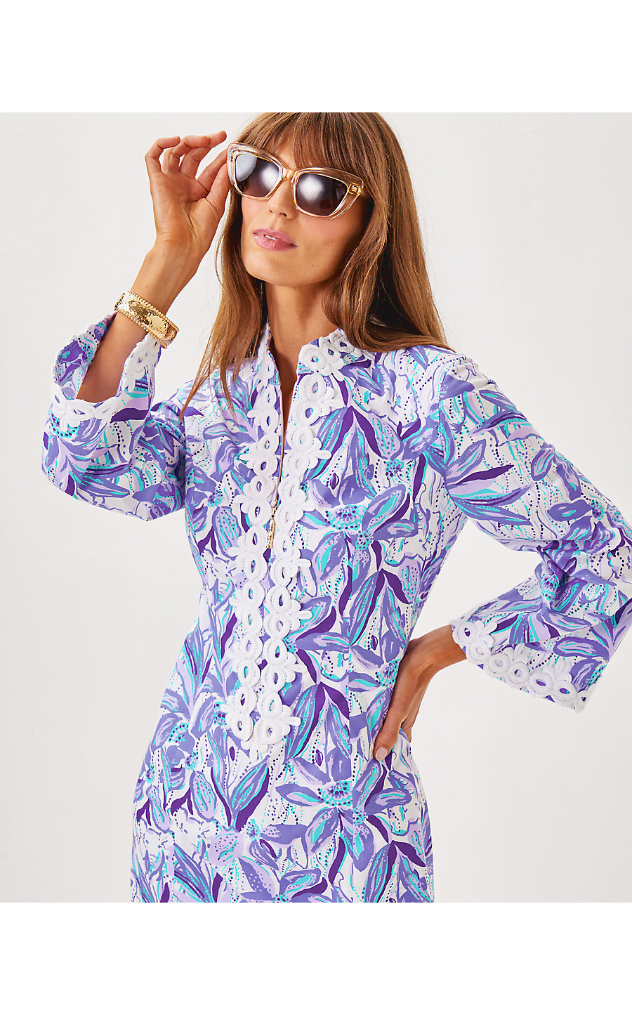 SHEALYN 3/4 SLEEVE STRETCH COTTON MAXI CAFTAN, TROPICALIA PURPLE ELEPHANT IN THE BLOOM