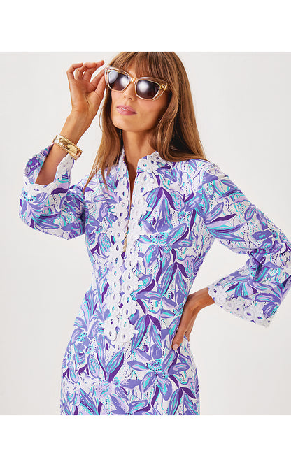 SHEALYN 3/4 SLEEVE STRETCH COTTON MAXI CAFTAN, TROPICALIA PURPLE ELEPHANT IN THE BLOOM