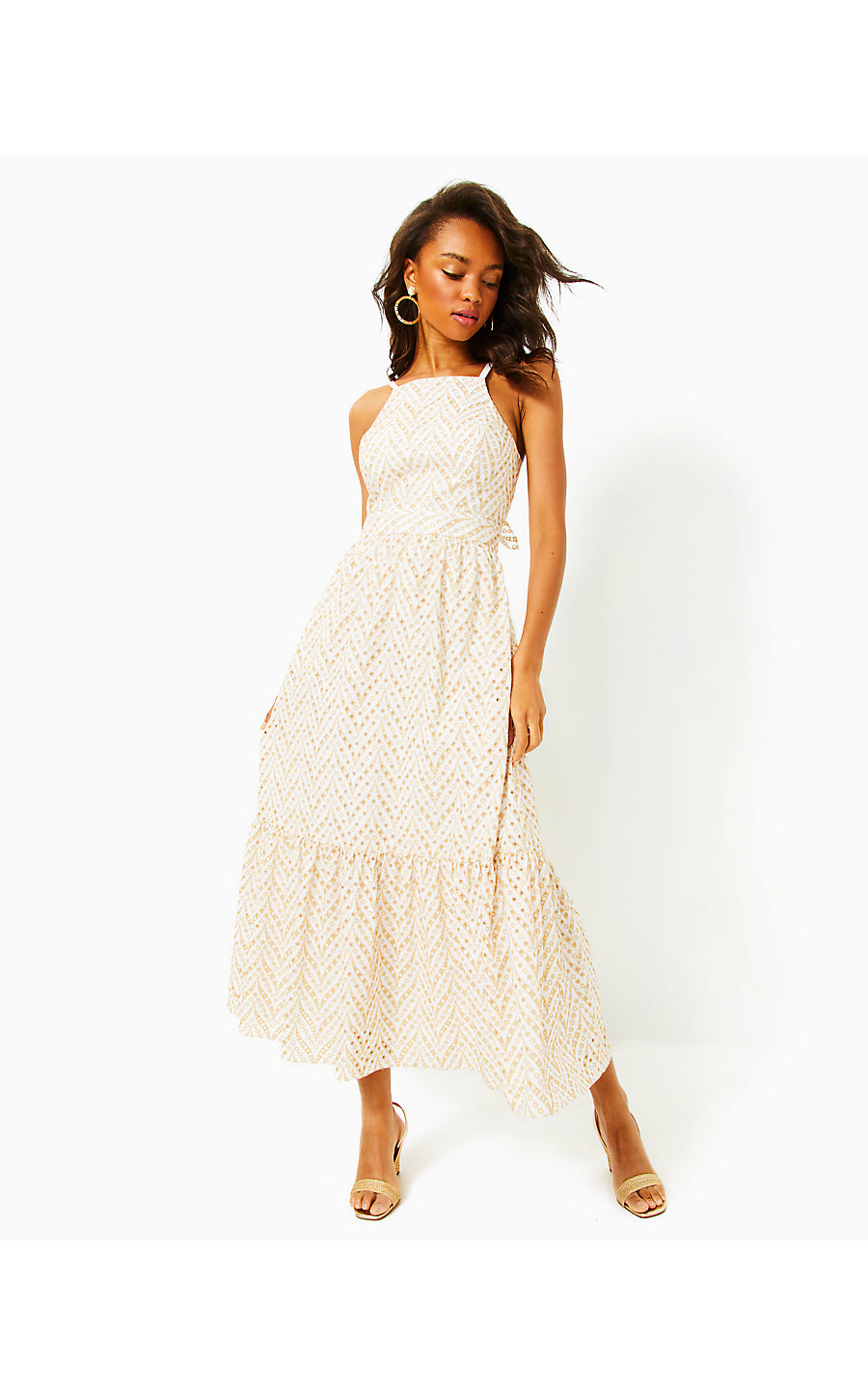 charlese eyelet halter maxi dress CHARLESE EYELET HALTER MAXI, SAND BAR MERMAID TAIL METALLIC EYELET