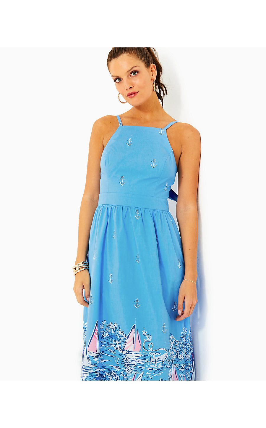 CHARLESE COTTON HALTER MIDI, LUNAR BLUE A LIL NAUTI ENGINEERED WOVEN DRESS CHARLESE COTTON HALTER MIDI, LUNAR BLUE A LIL NAUTI ENGINEERED WOVEN DRESS