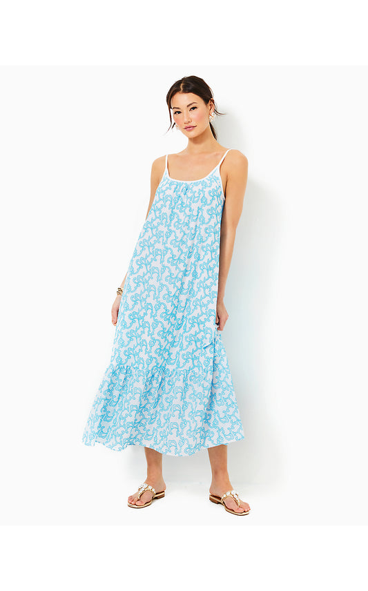 AMERIE EMBROIDERED COTTON DRESS, LUNAR BLUE FLAMINGLE EMBROIDERED COTTON