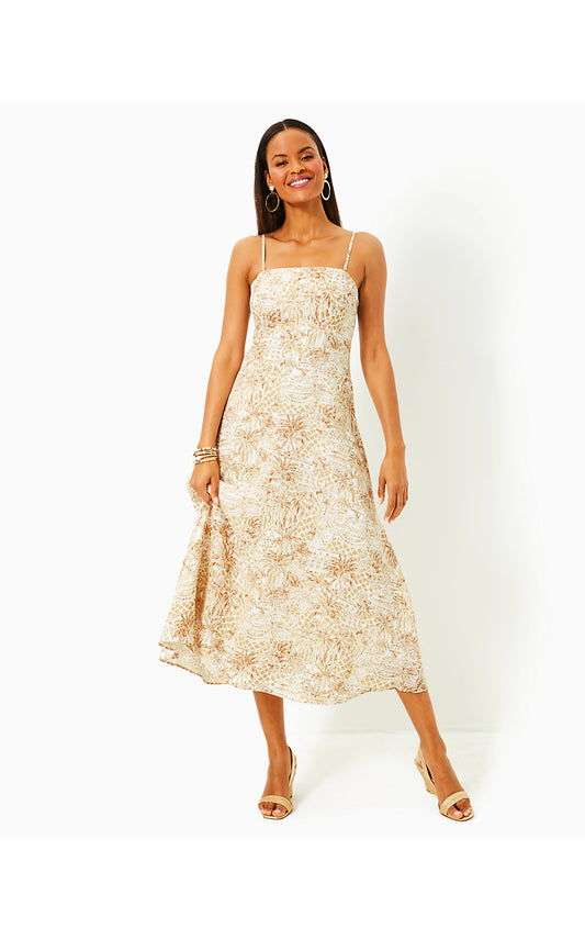JORGIAN LINEN MIDI DRESS, SAND BAR PALM BEACH PARADISE