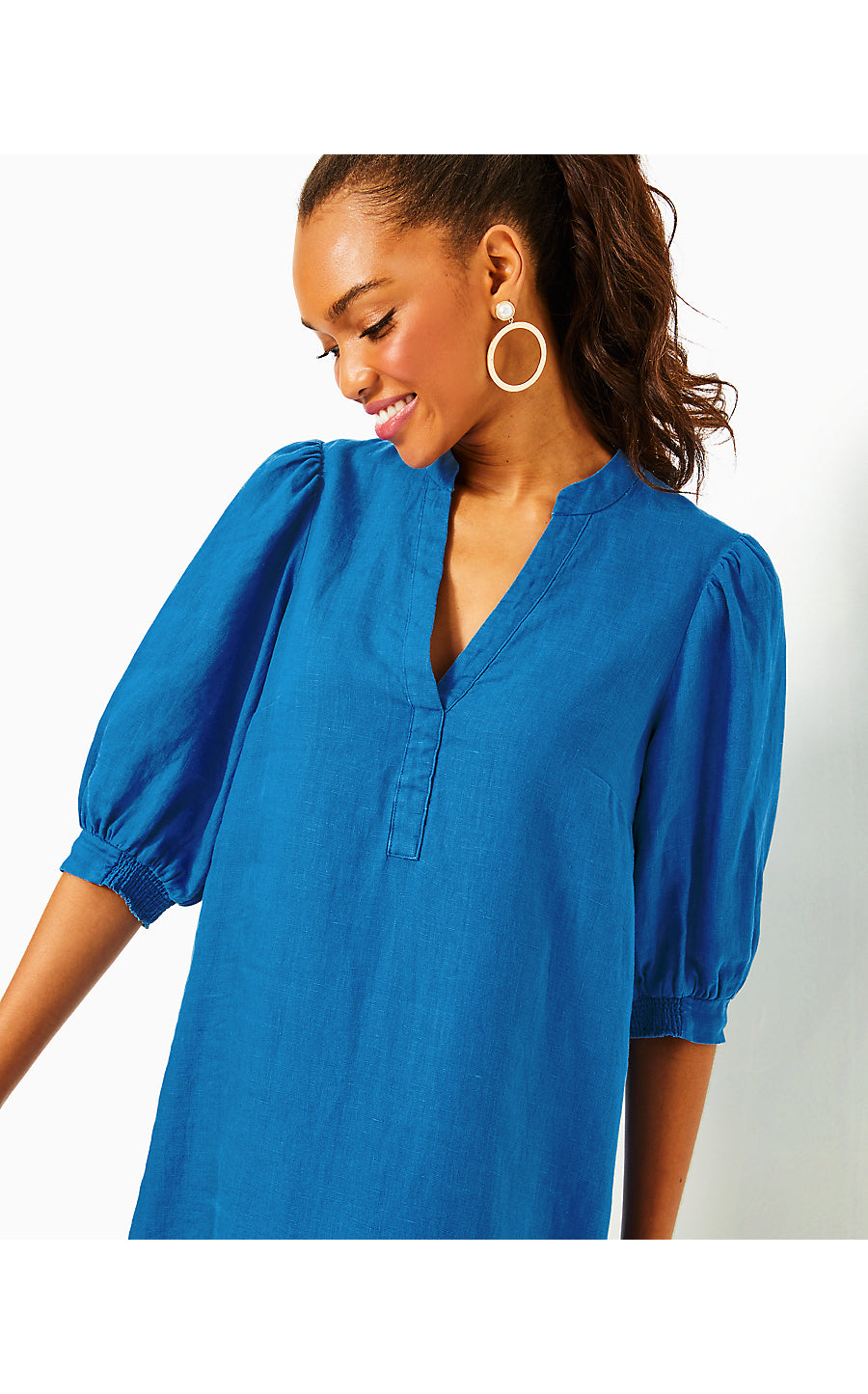 MIALEIGH ELBOW SLEEVE LINEN DRESS, BARTON BLUE Palm Place MIALEIGH ELBOW SLEEVE LINEN DRESS, BARTON BLUE Palm Place