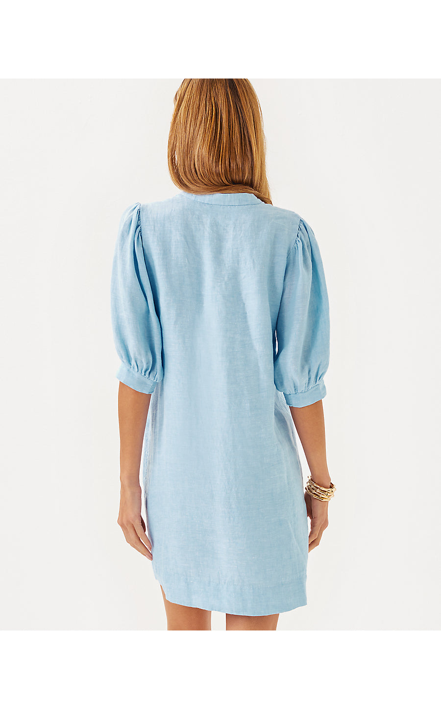 MIALEIGH ELBOW SLEEVE LINEN DRESS, BLUE PERI X RESORT WHITE