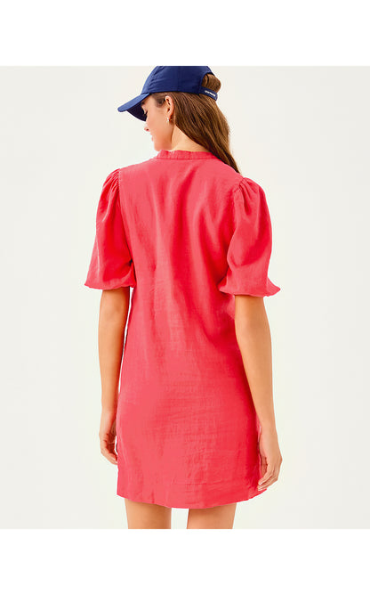 MIALEIGH ELBOW SLEEVE LINEN DRESS, CANE CORAL