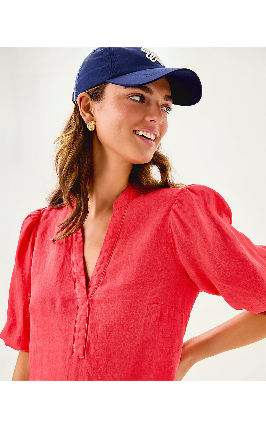 MIALEIGH ELBOW SLEEVE LINEN DRESS, CANE CORAL