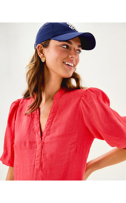MIALEIGH ELBOW SLEEVE LINEN DRESS, CANE CORAL