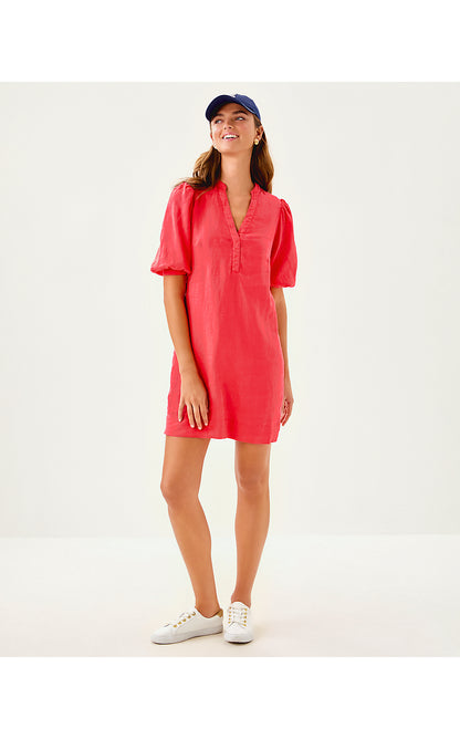 MIALEIGH ELBOW SLEEVE LINEN DRESS, CANE CORAL