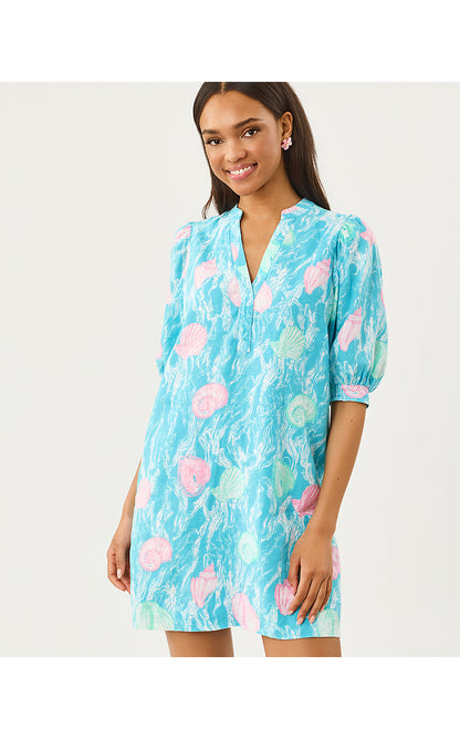 MIALEIGH ELBOW SLEEVE LINEN DRESS, CAPRI BLUE SHELDEN