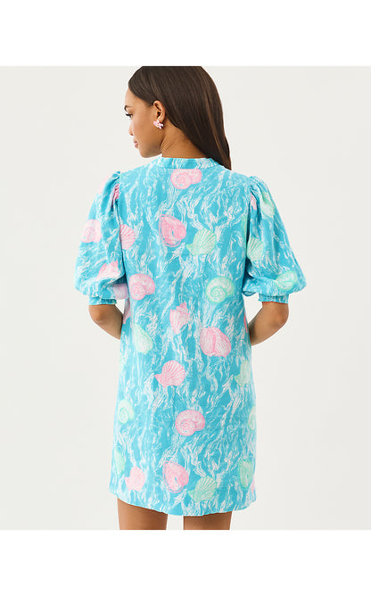 MIALEIGH ELBOW SLEEVE LINEN DRESS, CAPRI BLUE SHELDEN