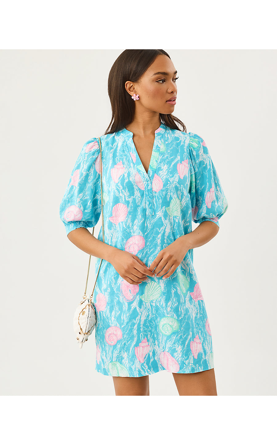 MIALEIGH ELBOW SLEEVE LINEN DRESS, CAPRI BLUE SHELDEN