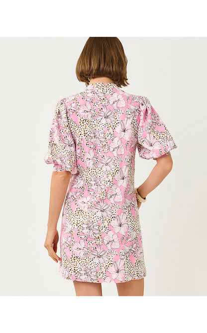 MIALEIGH ELBOW SLEEVE LINEN DRESS, CONCH SHELL PINK WILDNESS