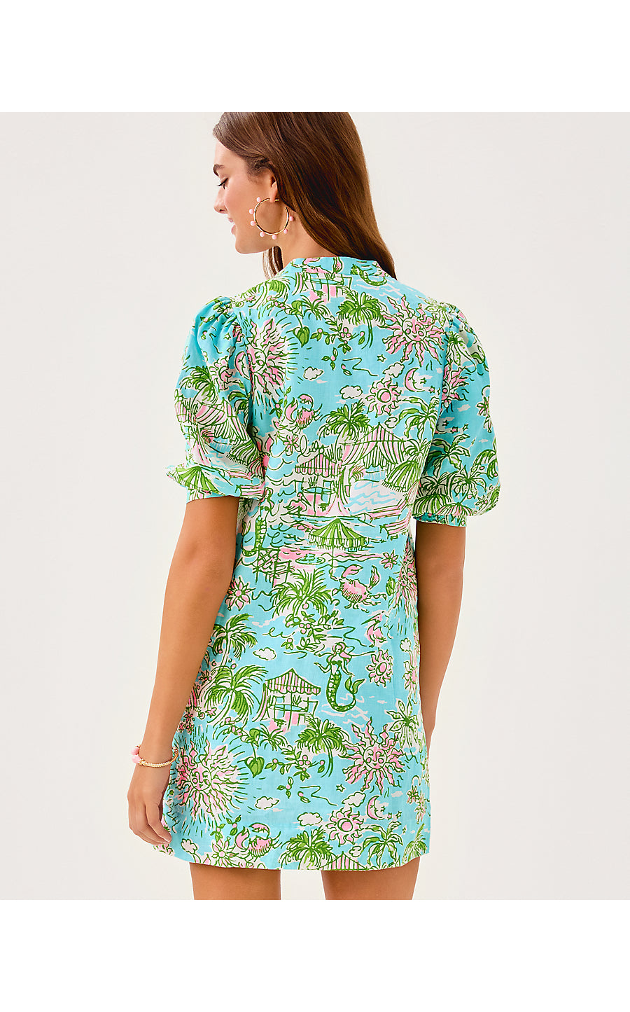 MIALEIGH ELBOW SLEEVE LINEN DRESS, FRESH WATER BLUE SUNBATHERS BLISS