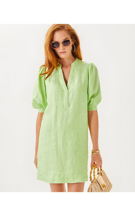 MIALEIGH ELBOW SLEEVE LINEN DRESS, JADE LIME X RESORT WHITE