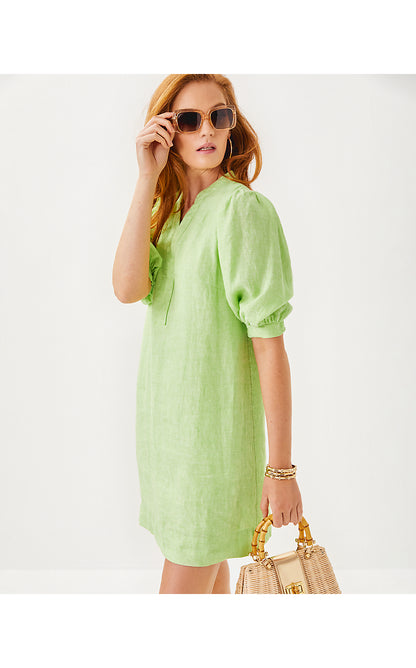 MIALEIGH ELBOW SLEEVE LINEN DRESS, JADE LIME X RESORT WHITE