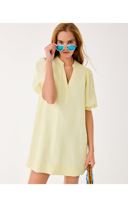MIALEIGH ELBOW SLEEVE LINEN DRESS, LIMONCELLO X RESORT WHITE