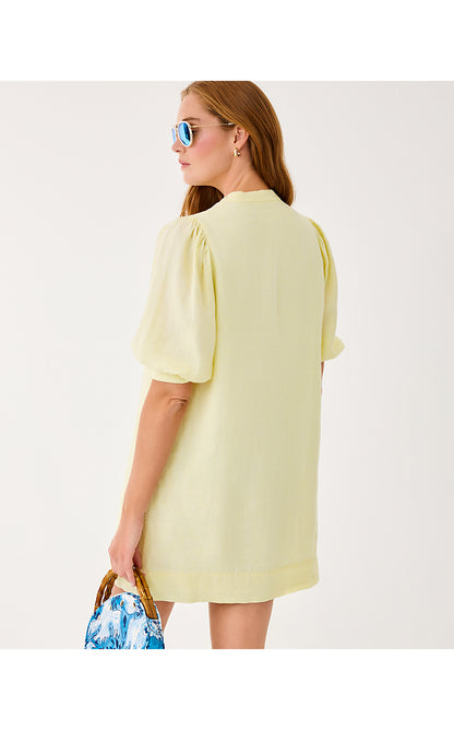 MIALEIGH ELBOW SLEEVE LINEN DRESS, LIMONCELLO X RESORT WHITE