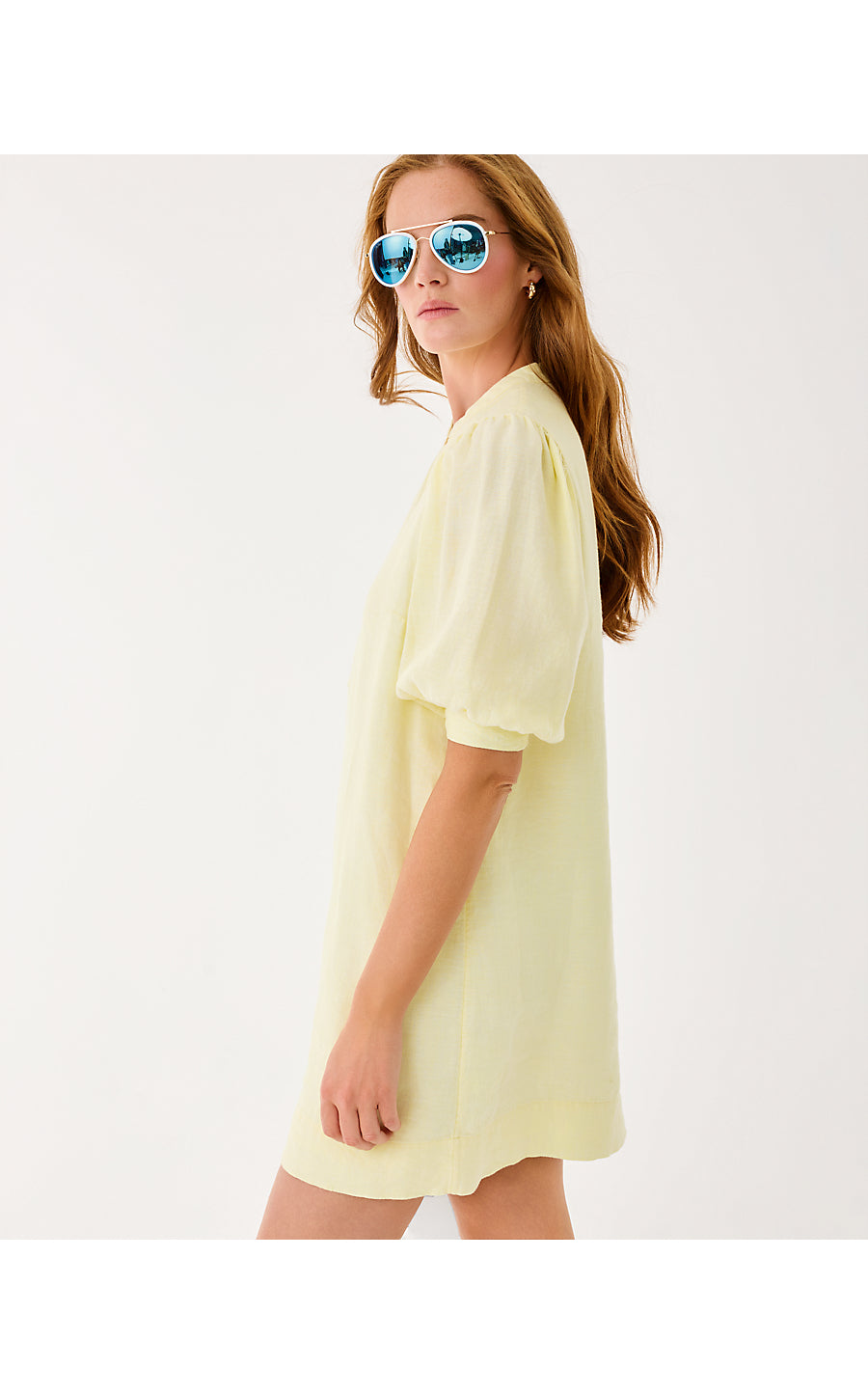MIALEIGH ELBOW SLEEVE LINEN DRESS, LIMONCELLO X RESORT WHITE