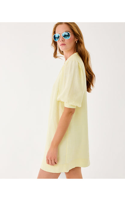 MIALEIGH ELBOW SLEEVE LINEN DRESS, LIMONCELLO X RESORT WHITE