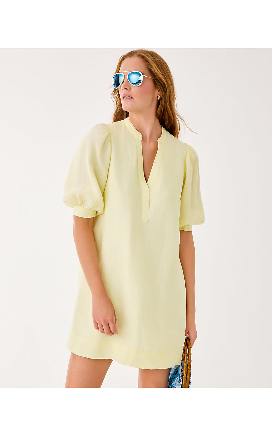 MIALEIGH ELBOW SLEEVE LINEN DRESS, LIMONCELLO X RESORT WHITE