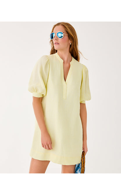 MIALEIGH ELBOW SLEEVE LINEN DRESS, LIMONCELLO X RESORT WHITE