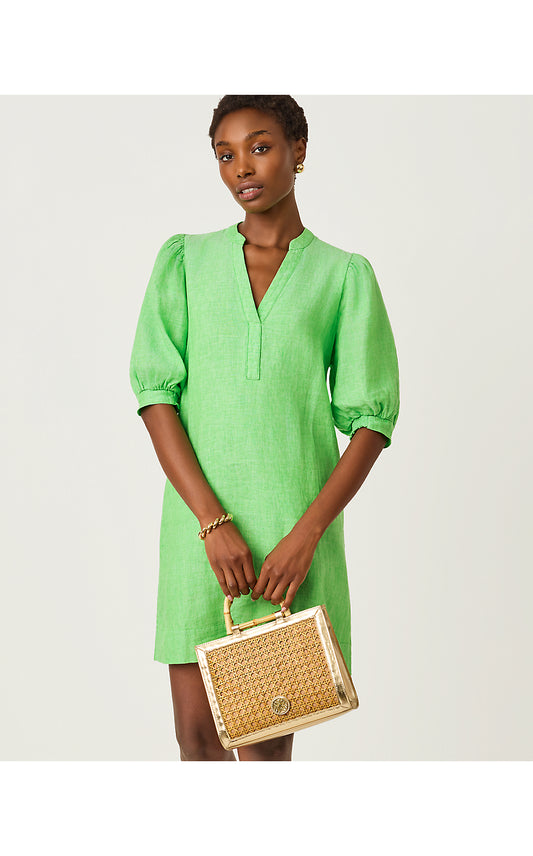 MIALEIGH ELBOW SLEEVE LINEN DRESS, PUTTING GREEN X RESORT WHITE