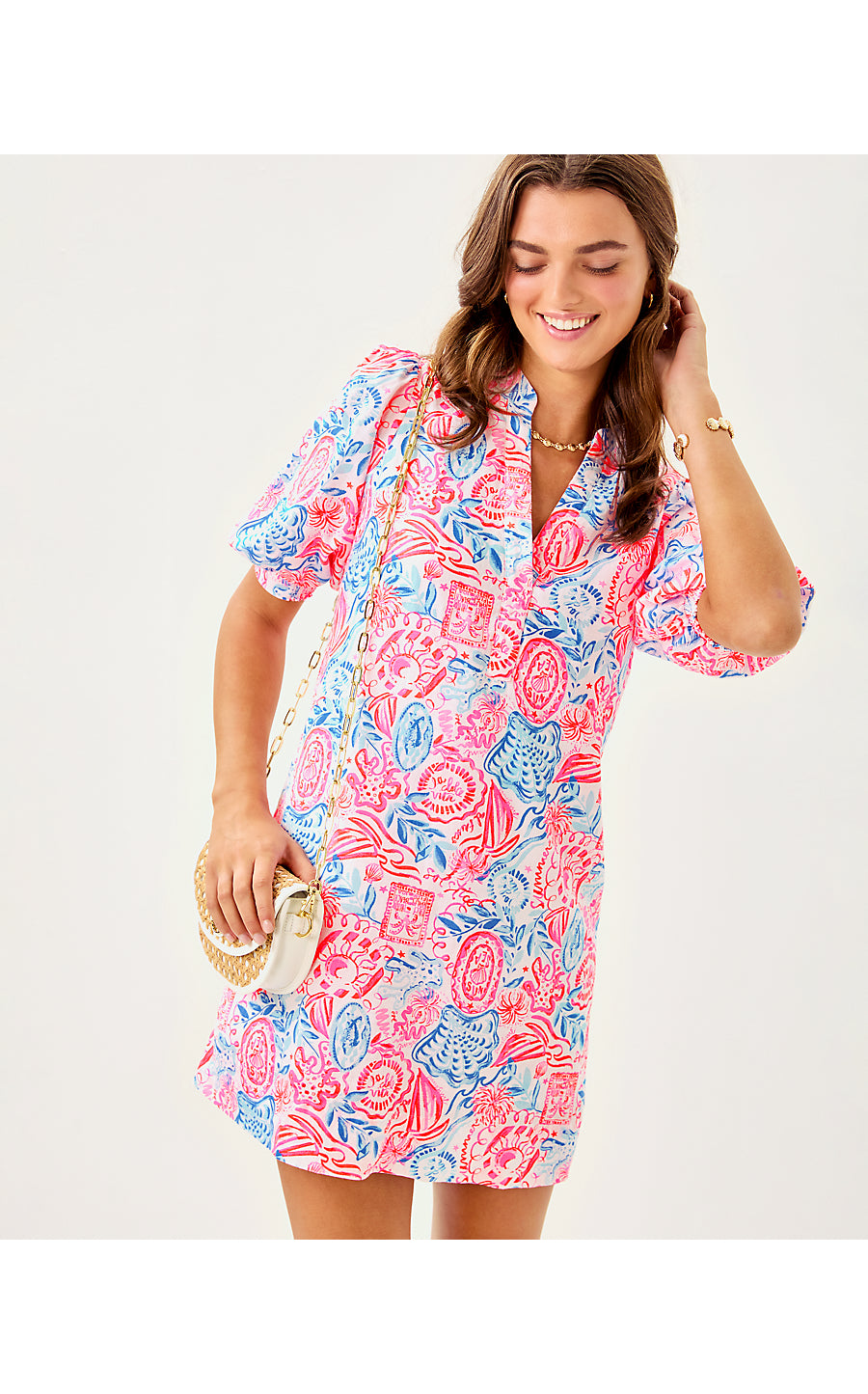 MIALEIGH ELBOW SLEEVE LINEN DRESS, RESORT WHITE LIL SUN SEA SAND