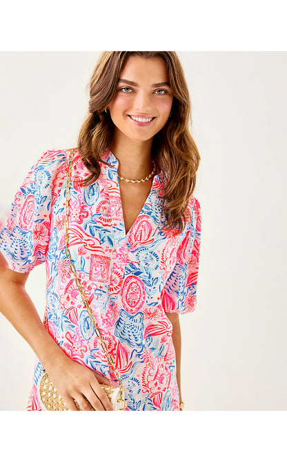 MIALEIGH ELBOW SLEEVE LINEN DRESS, RESORT WHITE LIL SUN SEA SAND
