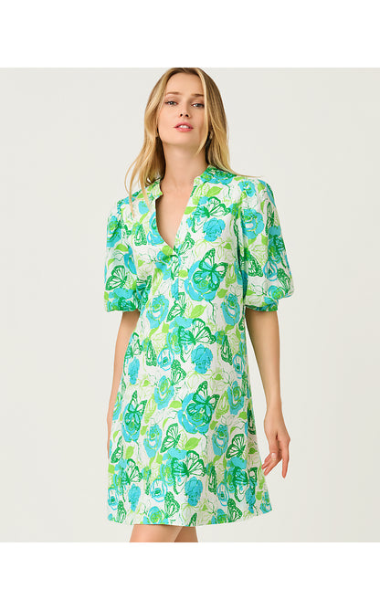MIALEIGH ELBOW SLEEVE LINEN DRESS, RESORT WHITE MONARCH ROSE