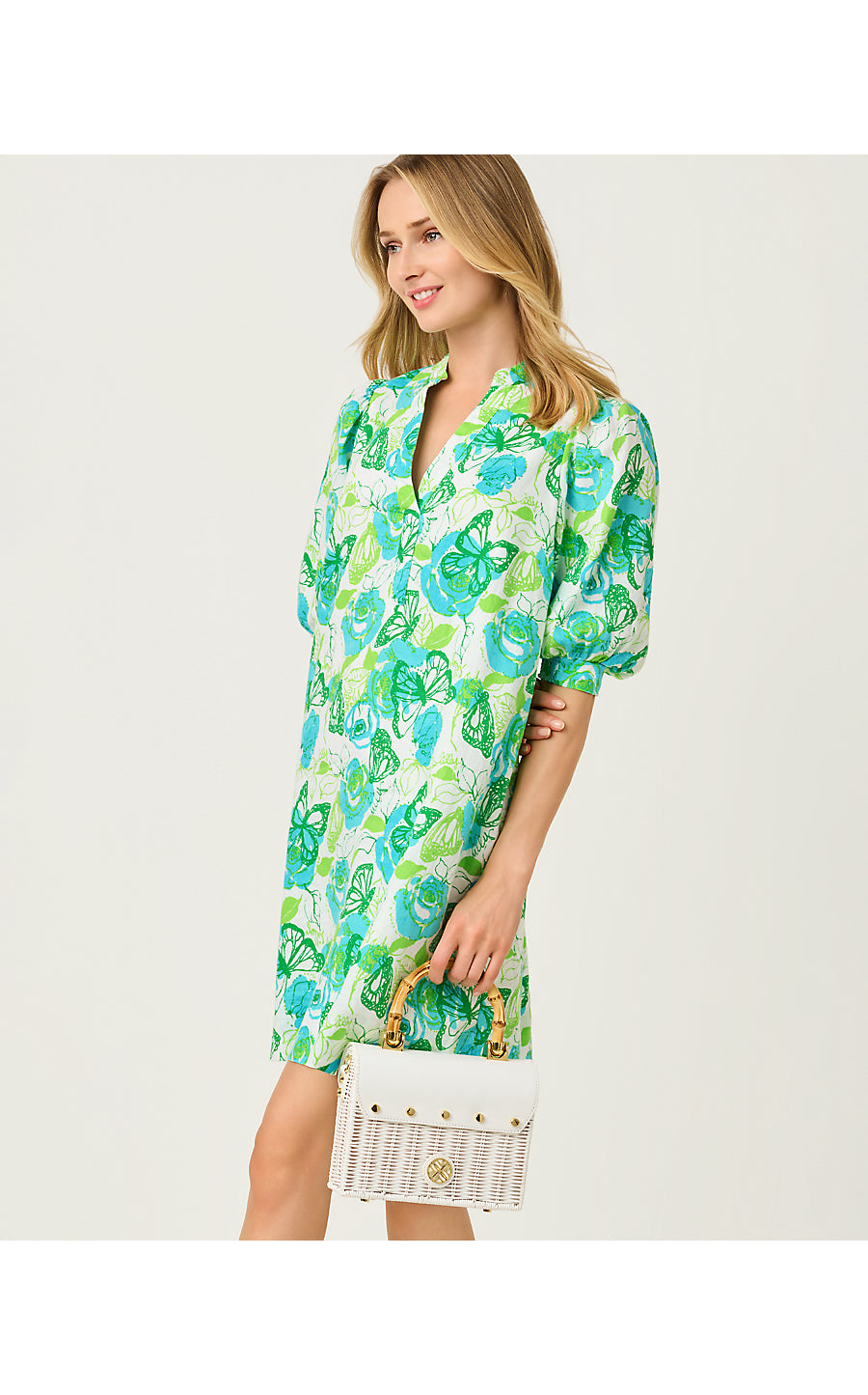 MIALEIGH ELBOW SLEEVE LINEN DRESS, RESORT WHITE MONARCH ROSE