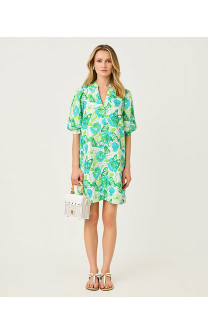 MIALEIGH ELBOW SLEEVE LINEN DRESS, RESORT WHITE MONARCH ROSE