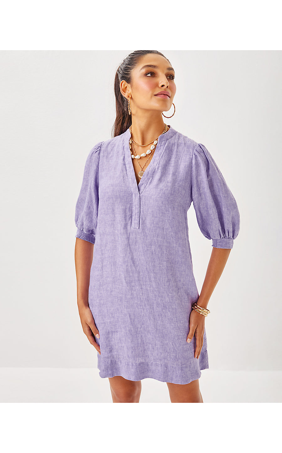 MIALEIGH ELBOW SLEEVE LINEN DRESS, TROPICALIA PURPLE X RESORT WHITE
