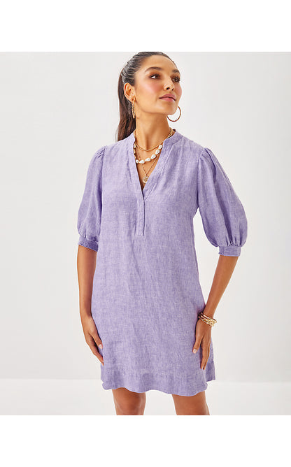 MIALEIGH ELBOW SLEEVE LINEN DRESS, TROPICALIA PURPLE X RESORT WHITE