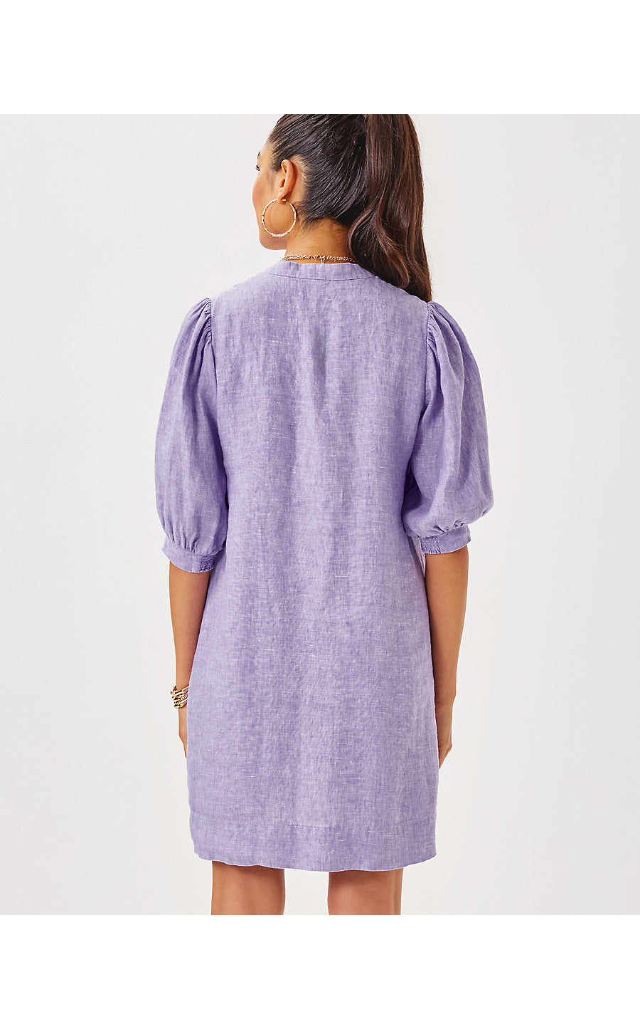 MIALEIGH ELBOW SLEEVE LINEN DRESS, TROPICALIA PURPLE X RESORT WHITE