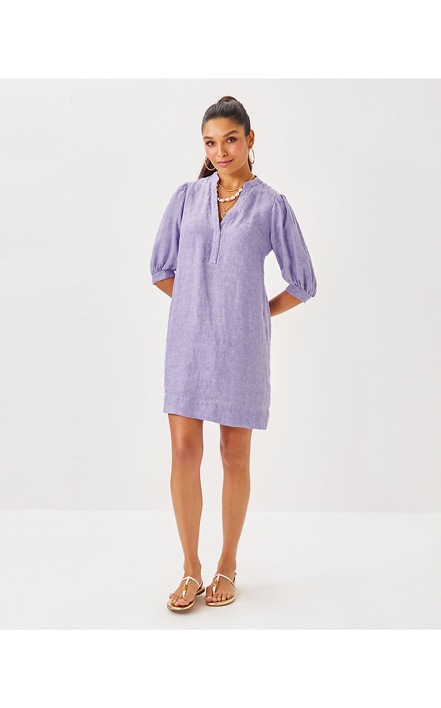 MIALEIGH ELBOW SLEEVE LINEN DRESS, TROPICALIA PURPLE X RESORT WHITE
