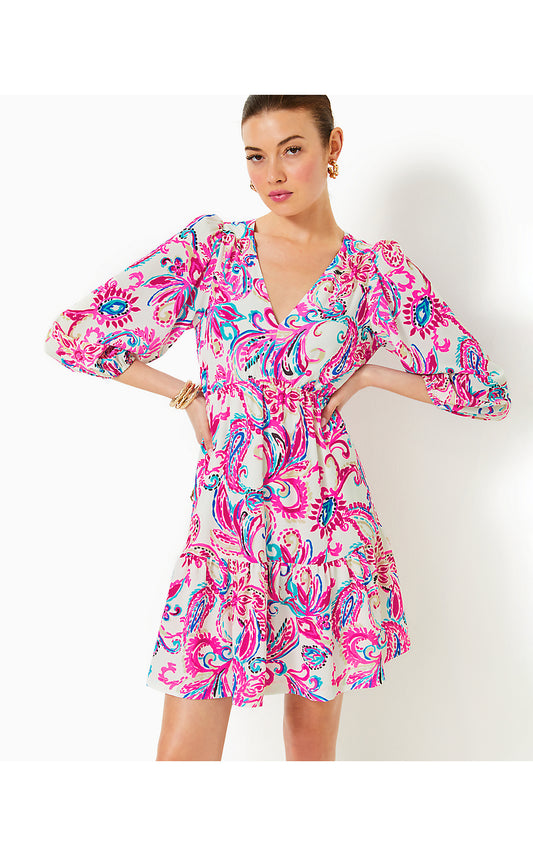 DEACON 3/4 SLEEVE V-NECK DRESS, COCONUT FLITTING ABOUT
