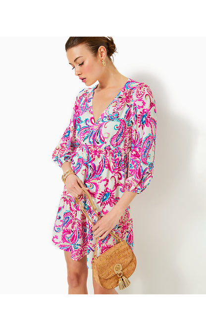 DEACON 3/4 SLEEVE V-NECK DRESS, COCONUT FLITTING ABOUT