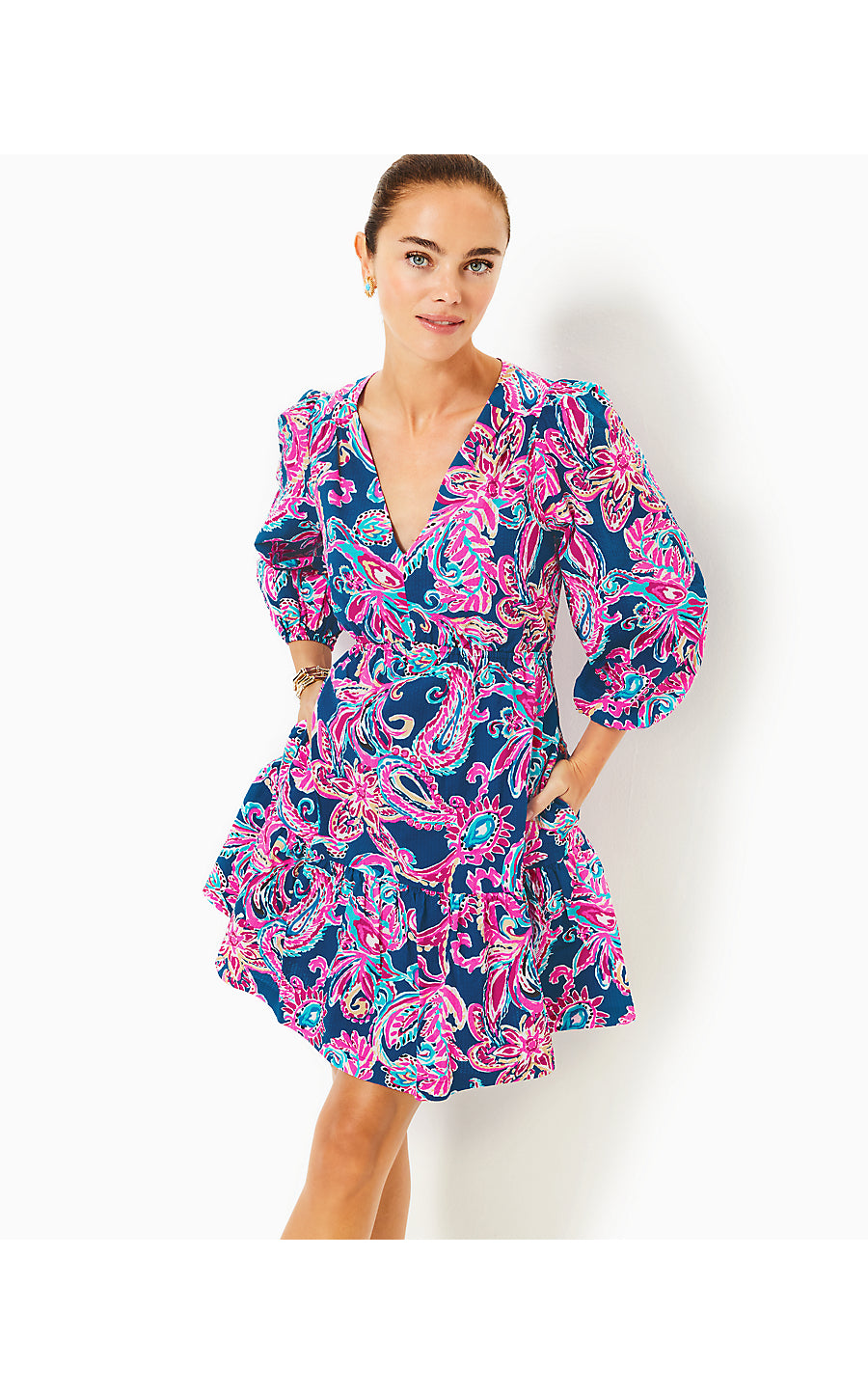 DEACON 3/4 SLEEVE V-NECK DRESS, MULTI FLITTING ABOUT