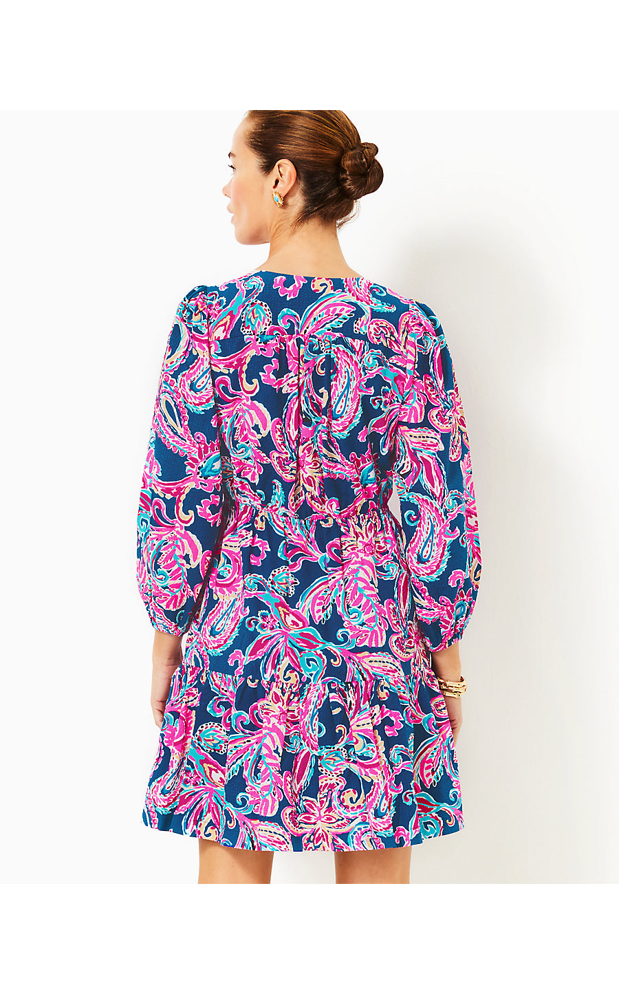 DEACON 3/4 SLEEVE V-NECK DRESS, MULTI FLITTING ABOUT