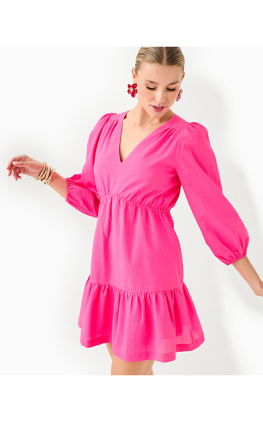 DEACON 3/4 SLEEVE V-NECK DRESS, PASSION FRUIT PINK