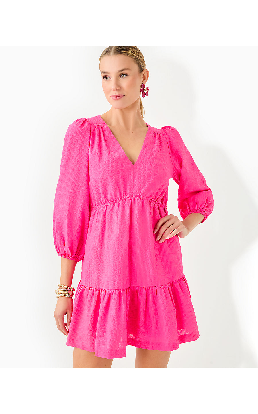 DEACON 3/4 SLEEVE V-NECK DRESS, PASSION FRUIT PINK