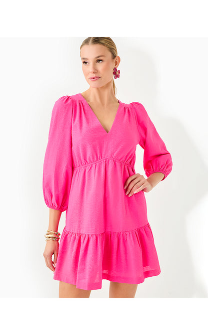 DEACON 3/4 SLEEVE V-NECK DRESS, PASSION FRUIT PINK