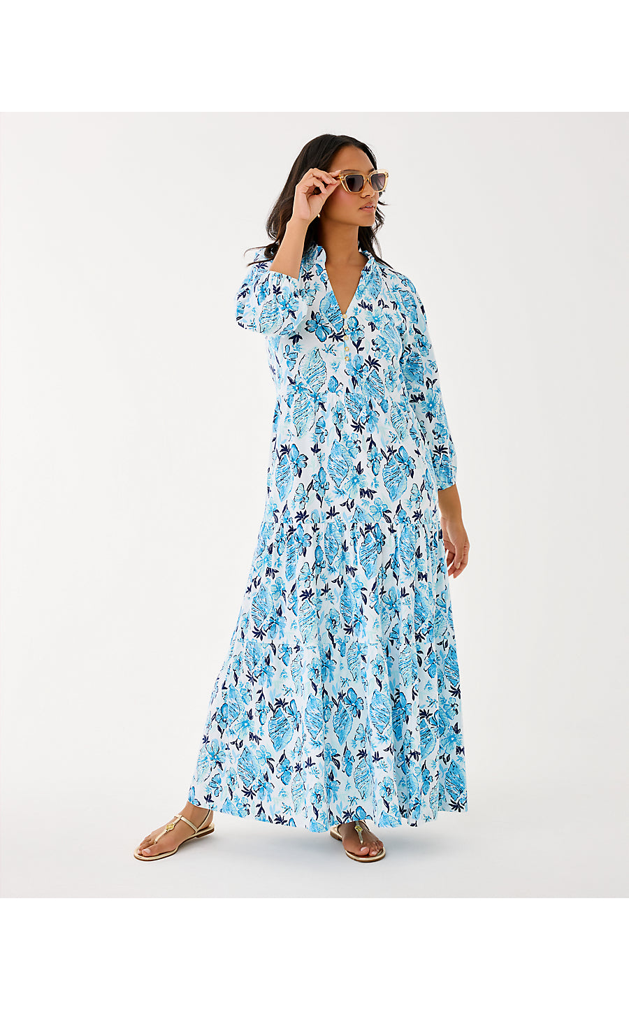 MALONE 3/4 SLEEVE MAXI DRESS, RESORT WHITE SEASHELL SPLENDOR