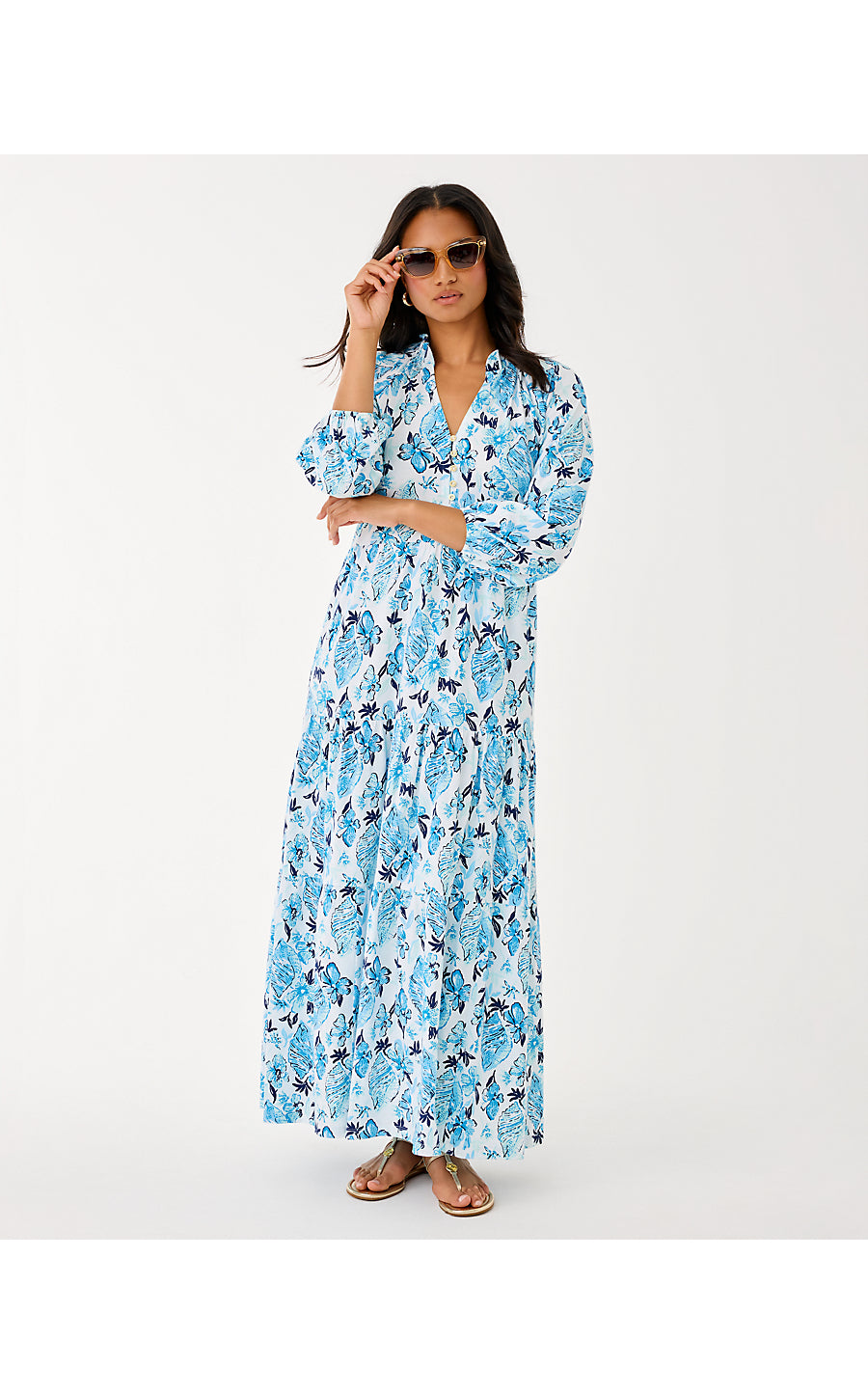 MALONE 3/4 SLEEVE MAXI DRESS, RESORT WHITE SEASHELL SPLENDOR