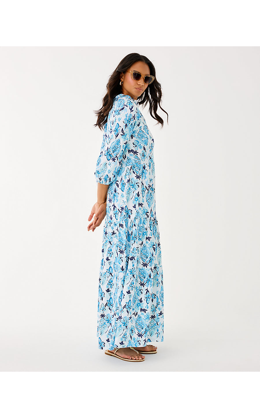 MALONE 3/4 SLEEVE MAXI DRESS, RESORT WHITE SEASHELL SPLENDOR