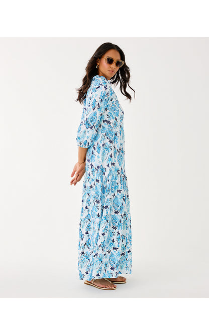 MALONE 3/4 SLEEVE MAXI DRESS, RESORT WHITE SEASHELL SPLENDOR