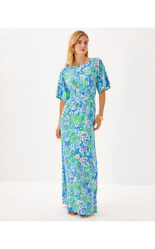 PARIGI BOAT NECK MAXI DRESS, SUNWASHED BLUE PLUMES IN BLOOM