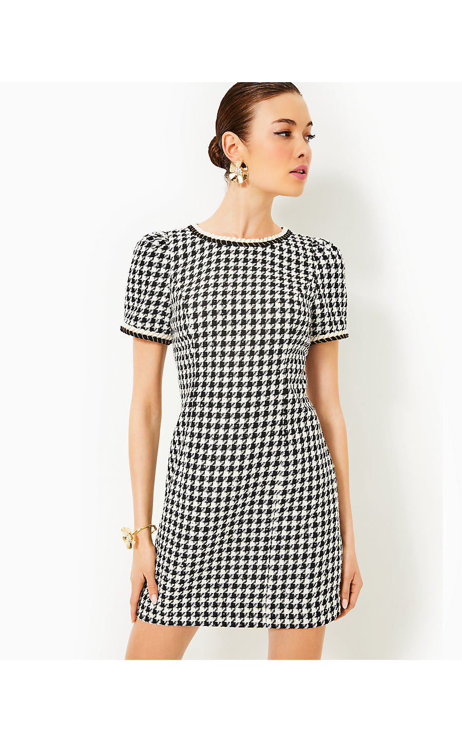 DORIANE BOUCLE SHIFT, NOIR HOUNDSTOOTH SEQUIN BOUCLE