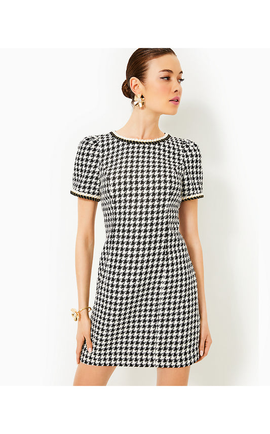 DORIANE BOUCLE SHIFT, NOIR HOUNDSTOOTH SEQUIN BOUCLE
